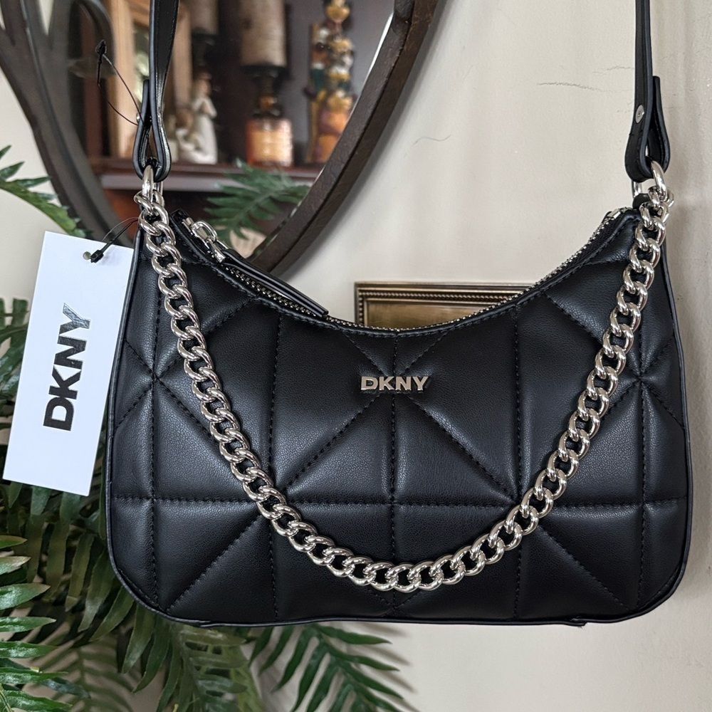 Brand New DKNY Black Lizzy Top Zip Crossbody Bag Chain Quilted Stitch Purse
